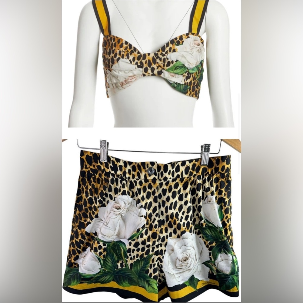 Dolce and Gabbana Leopard and Floral Print Crop Top and Shorts Set